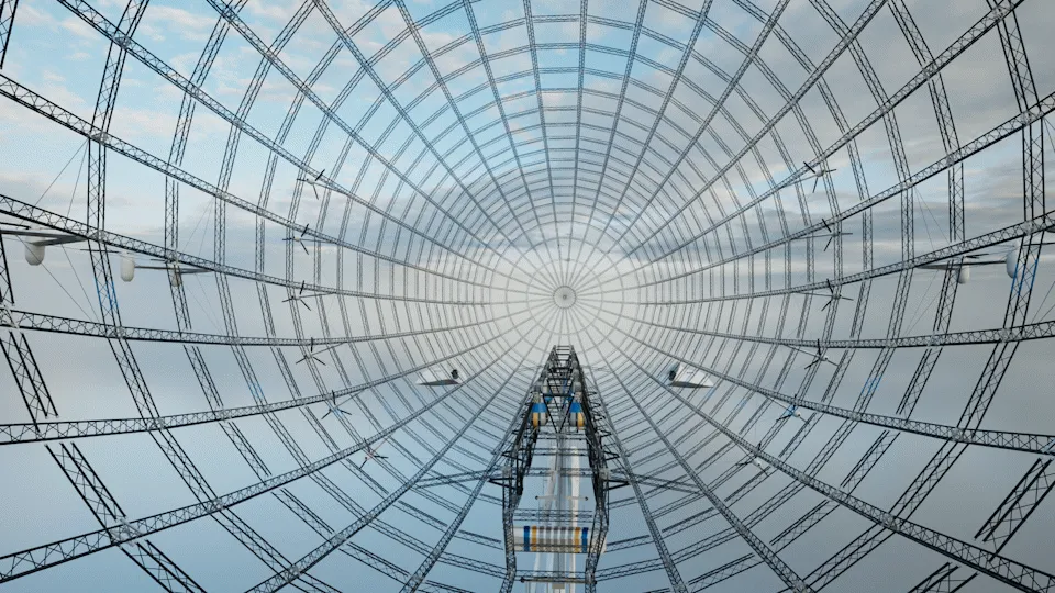 Interior view of the Flying Whales LCA60T hybrid airship's circular lattice structural framework viewed from below.