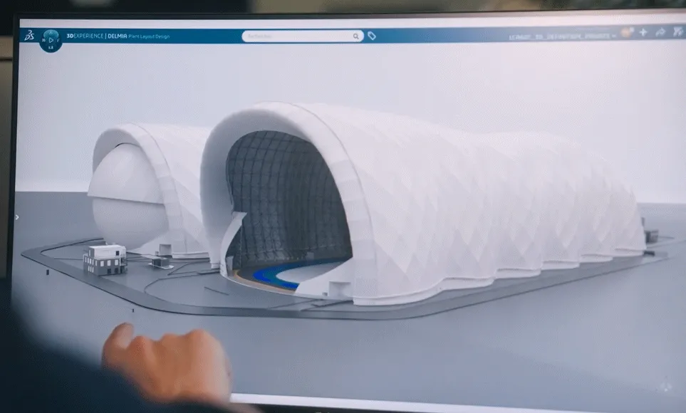 DELMIA virtual twin of the Flying Whales airship production facility on the 3DEXPERIENCE platform.