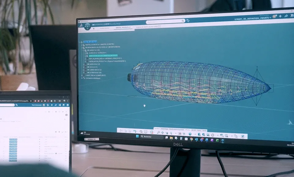 CATIA 3D wireframe model of the Flying Whales LCA60T hybrid airship displayed in the 3DEXPERIENCE platform.