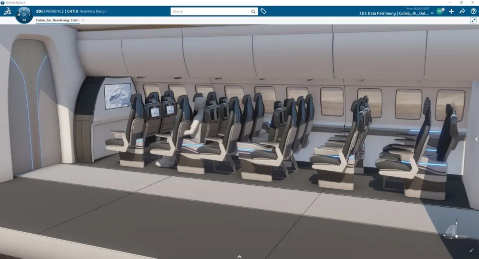 CATIA 3D model of an aircraft cabin interior with passenger seat rows, created by UUDS Aero on the 3DEXPERIENCE platform.