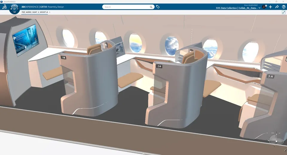 CATIA 3D model of aircraft business class cabin interior seats designed by UUDS Aero on the 3DEXPERIENCE platform.