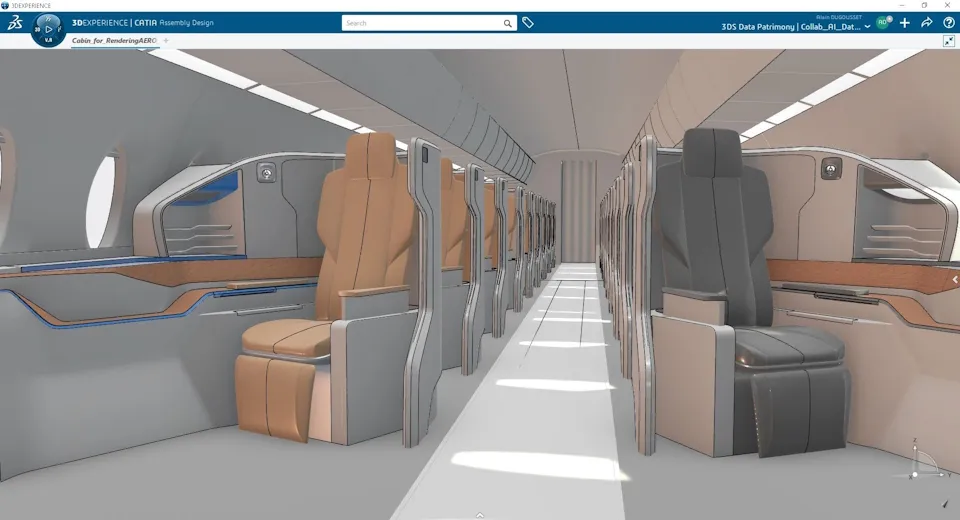 CATIA 3DEXPERIENCE platform 3D model of an aircraft cabin interior with business class seats designed by UUDS Aero.