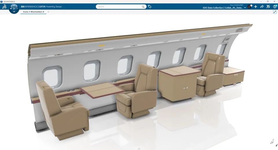 CATIA on the 3DEXPERIENCE platform showing a 3D aircraft cabin interior design with luxury seating and for UUDS Aero.