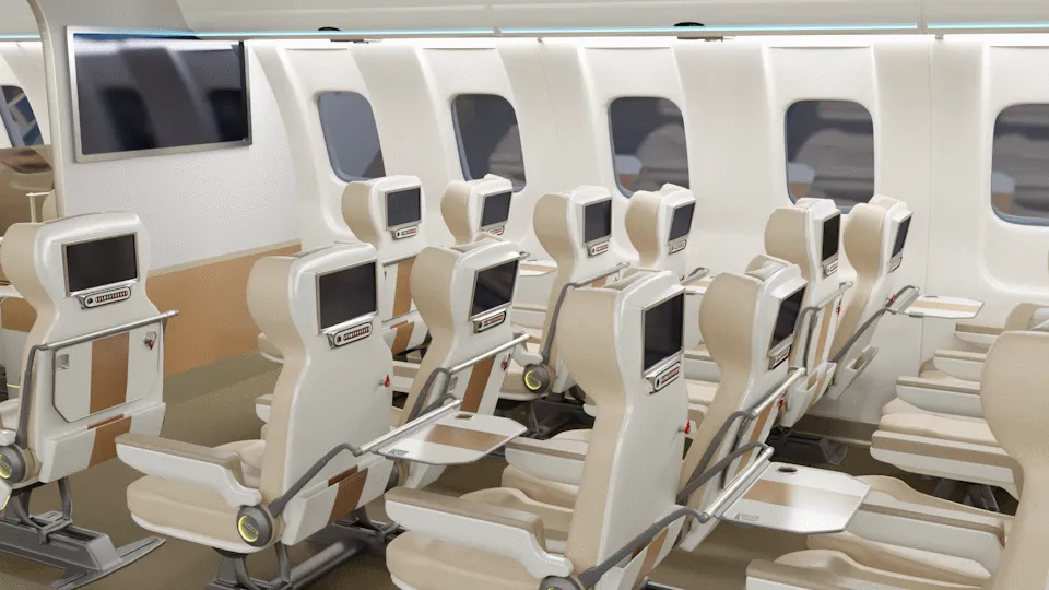 UUDS Aero aircraft cabin interior featuring rows of passenger seats with integrated seatback screens for commercial aviation.