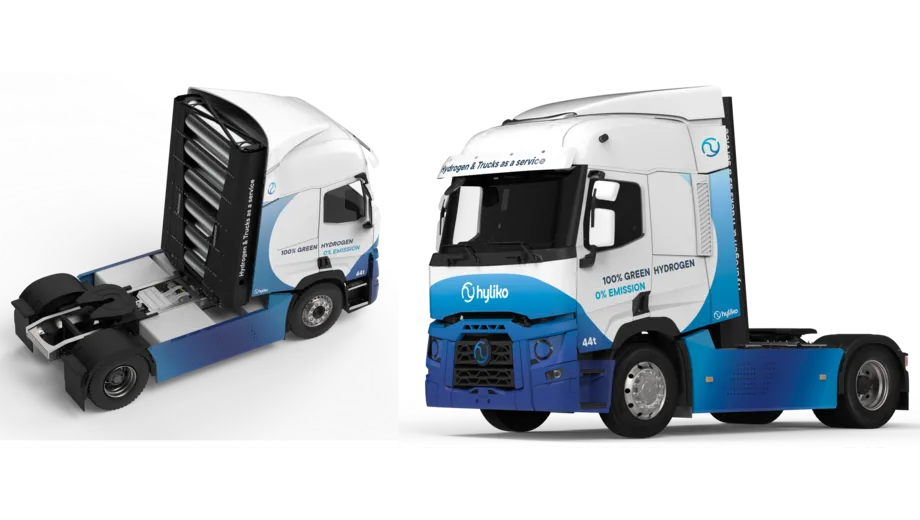 Hyliko hydrogen fuel cell truck 3D renders showing front and rear views, designed for zero-emission long-haul freight.