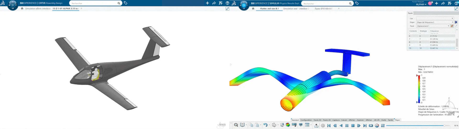 CATIA assembly design and SIMULIA flutter simulation of Blue Spirit Aero's Dragonfly hydrogen aircraft on the platform.