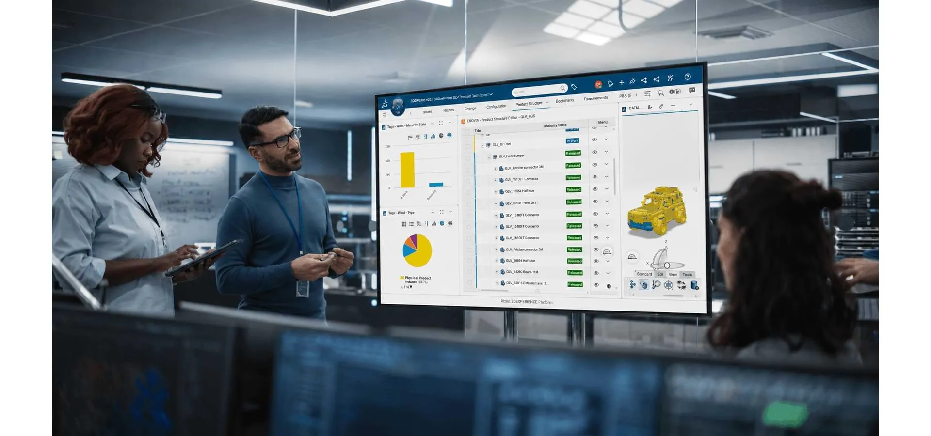 Engineers collaborate around a digital engineering platform displaying product data, analytics, and a 3D vehicle model.