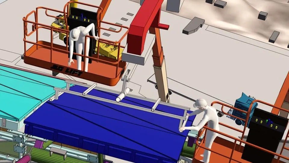 Simulation of construction operators installing façade panels in a virtual twin on the 3DEXPERIENCE platform.