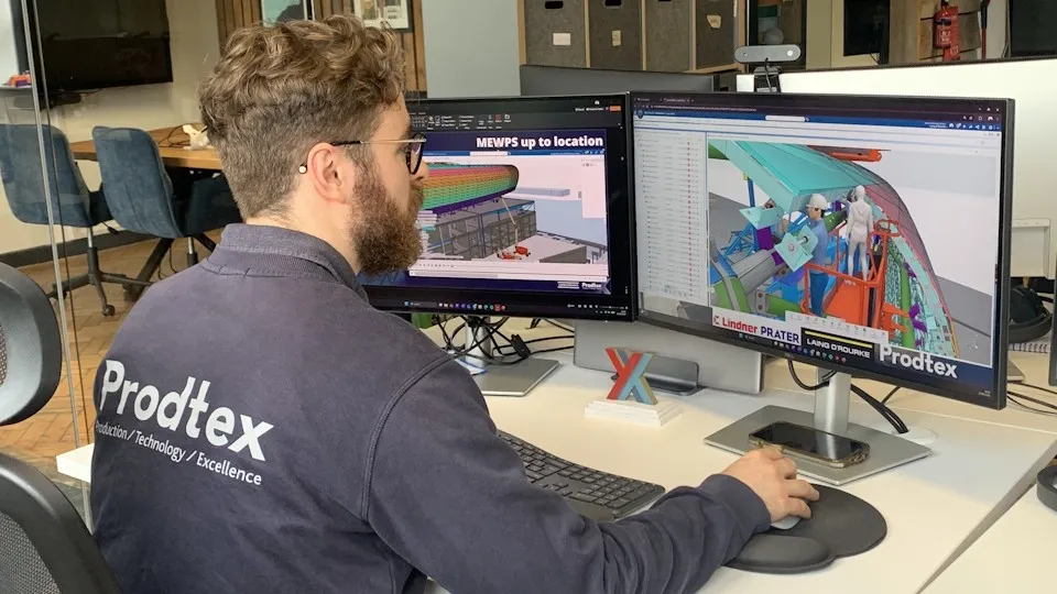 Prodtex engineers using 3DEXPERIENCE platform to simulate facade installation for Everton Stadium construction project.