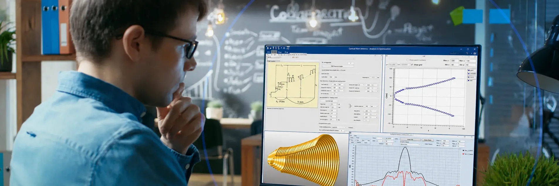 WASP-NET electromagnetic simulation software interface showing 3D antenna design and analysis tools from SIMULIA