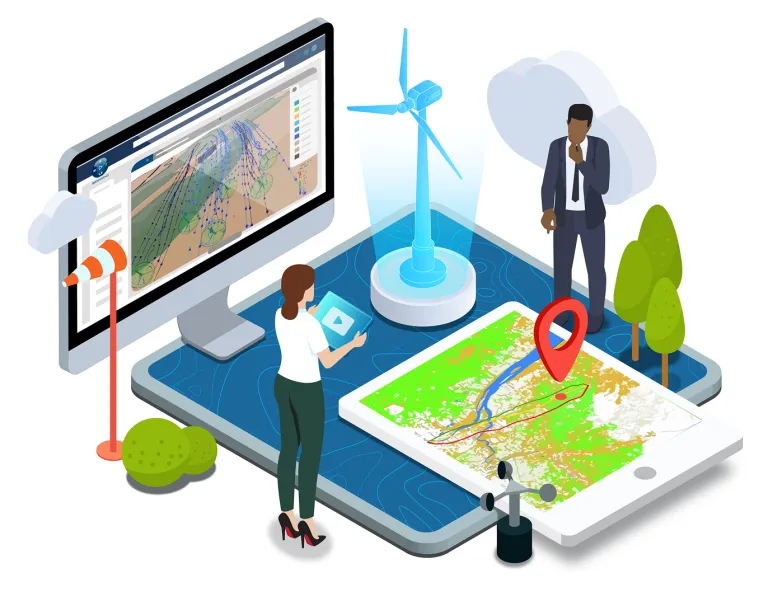 An illustration of a wind turbine on a map, highlighting geospatial insights for renewable energy projects