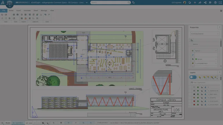 Interface of xDraftSight on the 3DEXPERIENCE platform showing 2D DWG drafting tools in a web browser workspace.