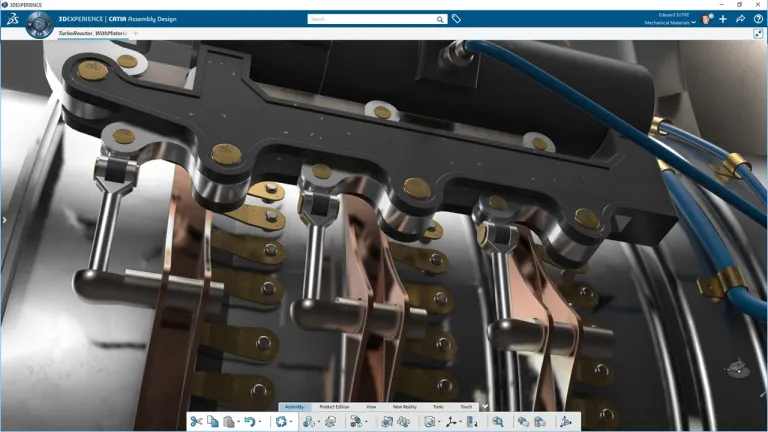 Engineer using MCAD software on 3DEXPERIENCE platform for 3D modeling and virtual product design simulation