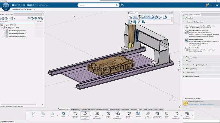 DELMIA Milling interface showing CNC machine simulation tools on the 3DEXPERIENCE platform.
