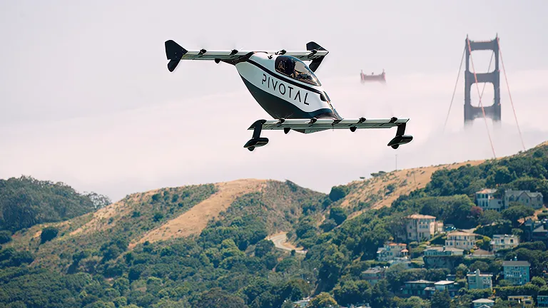 Electric vertical takeoff air taxi from Pivotal on display near Sausalito, powered by the 3DEXPERIENCE platform.