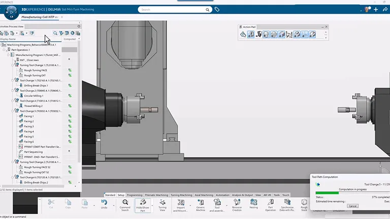 DELMIA Turning interface showing advanced NC programming and simulation tools on the 3DEXPERIENCE platform.