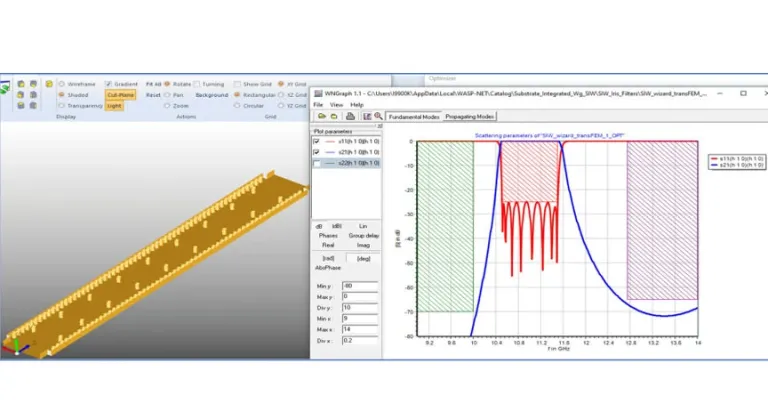 Substrate integrated waveguide SIW filter design showing an eight resonator model created with WASP-NET and SIMULIA