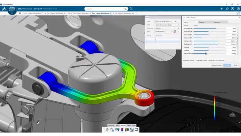 Virtual Twin Physics Behavior showing AI-powered simulation of a mechanical part for industrial design optimization