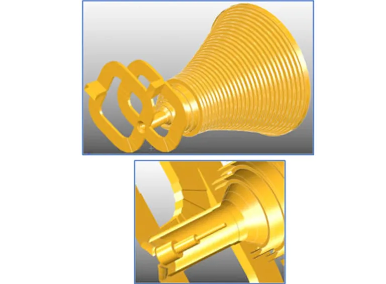 WASP-NET EM CAD software for antenna design, showing 3D models of horn and reflector antennas for SIMULIA simulation