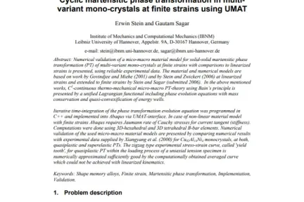 Cyclic martensitic phase transformation in multivariant mono-crystals at finite strains using UMAT
