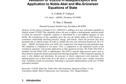 Validation of VUEOS in Abaqus/Explicit and Application to Noble-Abel and Mie-Grüneisen Equations of State