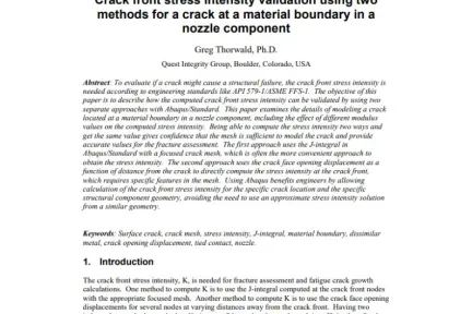 Crack front stress intensity validation using two methods for a crack at a material boundary in a nozzle component