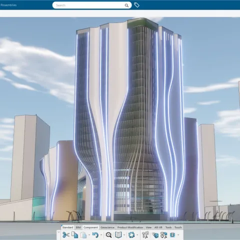 Architectural building design showcasing advanced engineering concepts, relevant to CATIA for AEC and the 3DEXPERIENCE platform