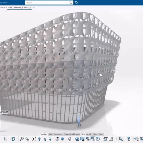 3D design interface showcasing CATIA for Architecture, Engineering, and Construction software features for building design.