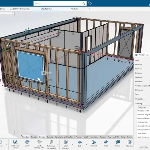 3D architectural model showcasing CATIA for AEC, highlighting design capabilities for Architecture, Engineering, and Construction