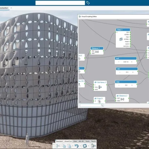 Visual scripting interface in CATIA for AEC, showcasing advanced generative design tools for architecture and engineering.