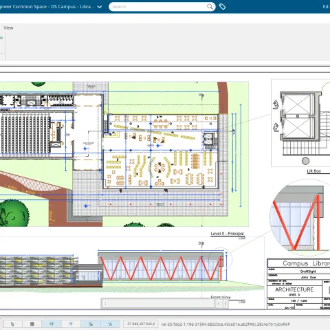 Screenshot of xDraftSight's web-based 2D drafting interface powered by the 3DEXPERIENCE platform.