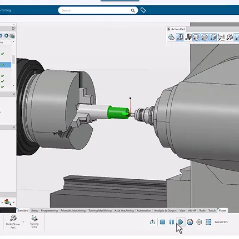 DELMIA Turning interface showing advanced NC programming and simulation tools on the 3DEXPERIENCE platform.