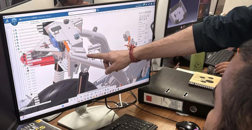 3D render of Yatri electric motorcycle developed using the 3DEXPERIENCE platform by Dassault Systèmes.