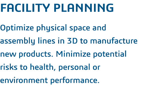 FACILITY PLANNING  Optimize physical space and assembly lines in 3D to manufacture new products  Minimize potential r   