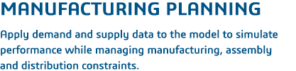 Manufacturing Planning  Apply demand and supply data to the model to simulate performance while managing manufacturin   