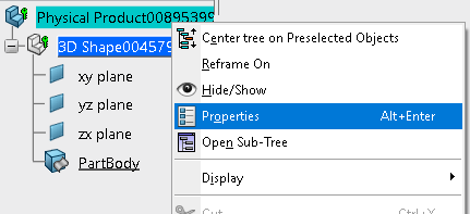 Get the properties from the menu > Dassault Systèmes